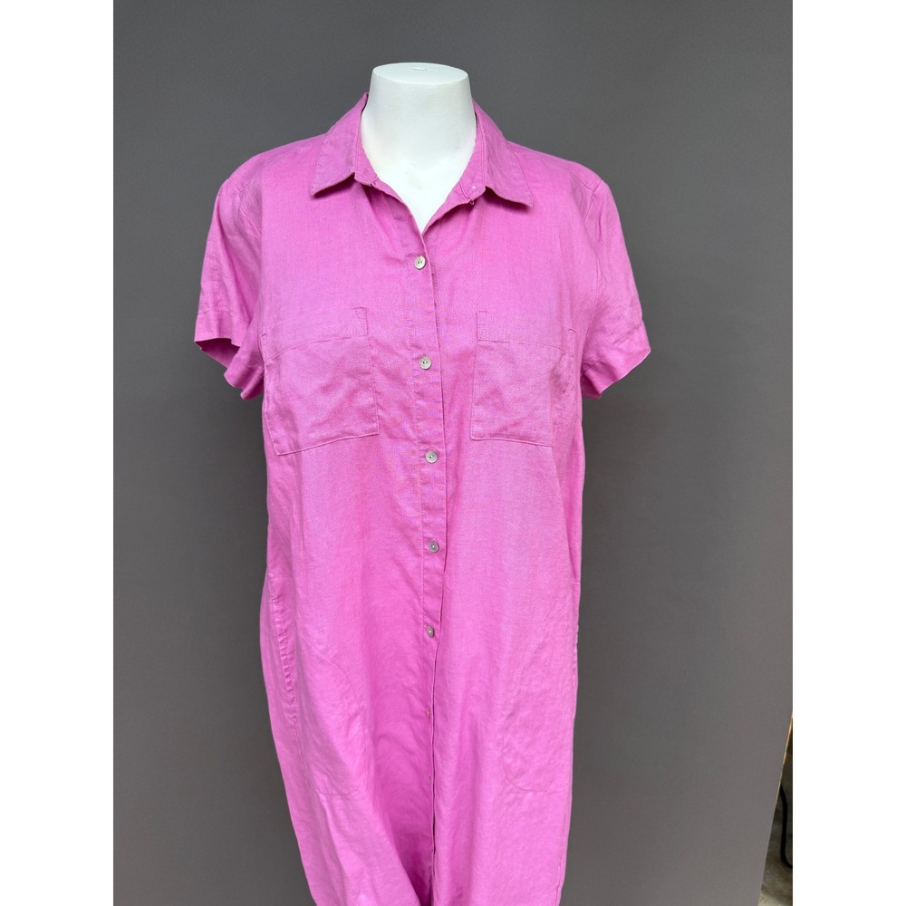 J Jill Linen Shirt Dress Medium Pink Short Sleeve Button Front Pockets Coastal - Picture 2 of 15